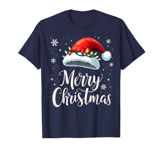 Merry Christmas Lights Red Santa Hat Xmas Family T-Shirt
