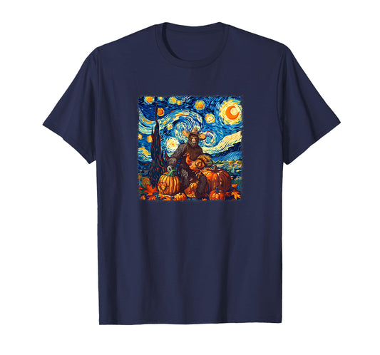 Funny Bigfoot Pilgrim Turkey Pumpkin Thanksgiving Van Gogh T-Shirt