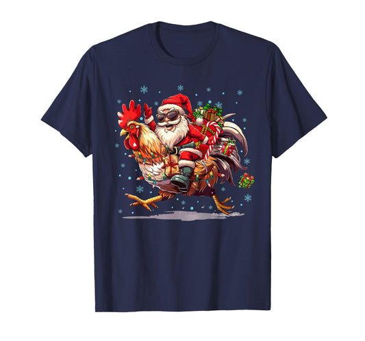 Ugly Christmas Santa Riding Chicken Christmas Tree Lights T-Shirt