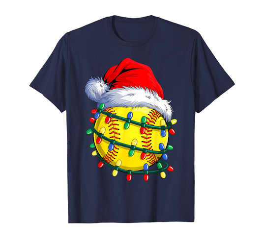 Softball Ball Santa Hat Christmas Softball Xmas Lights T-Shirt