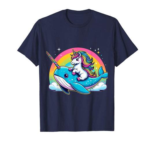Unicorn Riding Narwhal Boys Girls Men Women Kids Rainbow T-Shirt