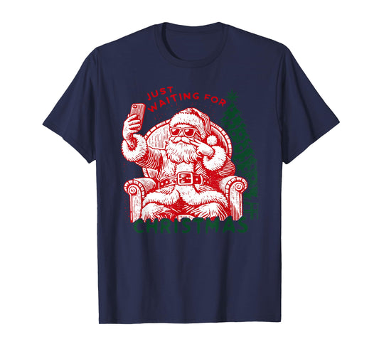 Retro Just Waiting For Christmas, Christmas Funny Santa T-Shirt