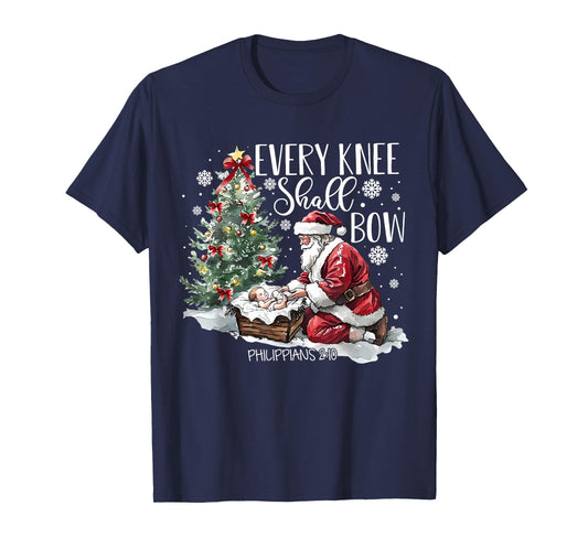 Every Knee Shall Bow Santa Christmas Nativity Scene Xmas T-Shirt