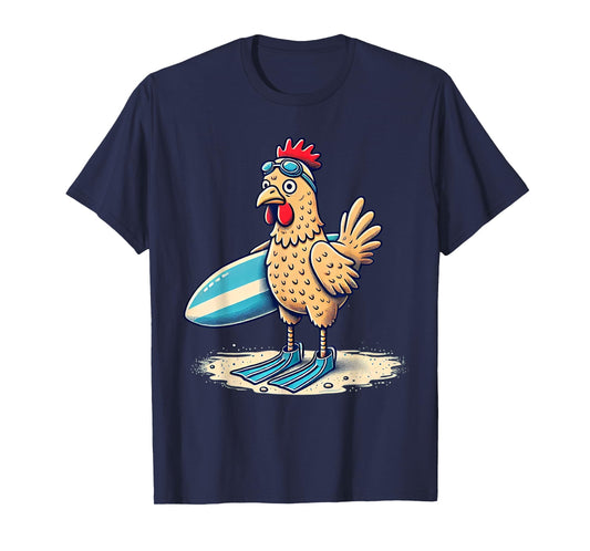 Funny Surfing Chicken with Flippers Beach Design T-Shirt