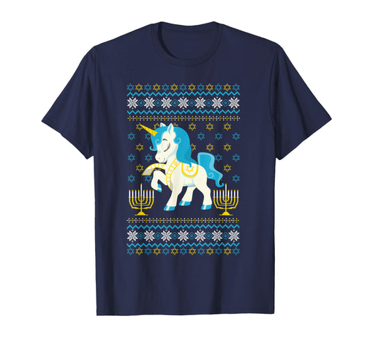 Ugly Hanukkah Sweater Unicorn Jewish Star Christmas Menorah T-Shirt