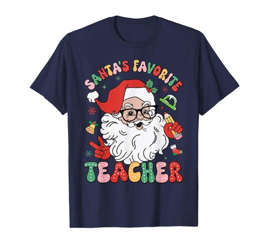 Santa Favorite Teacher Groovy Christmas Teacher Boys Girls T-Shirt
