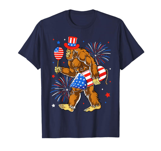 Bigfoot Firework American Flag Bigfoot 4th of July Sasquatch T-Shirt