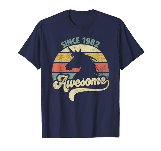 Awesome Since 1982 Retro Unicorn Birthday Gift Vintage T-Shirt