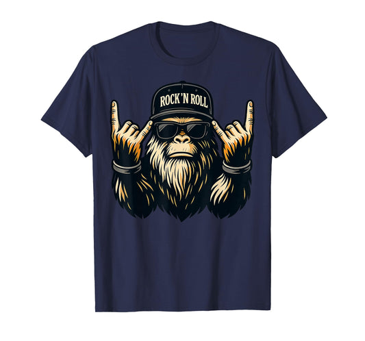 Bigfoot Rock On Sasquatch Heavy Metal Vibes Men Women Kids T-Shirt