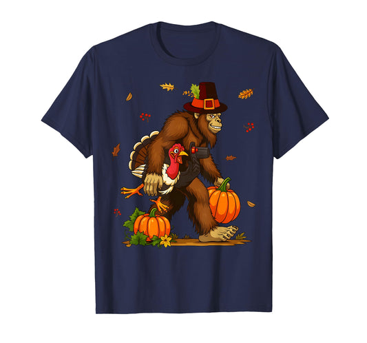 Bigfoot Pilgrim Turkey Pumpkin Thanksgiving Day Boys Men T-Shirt