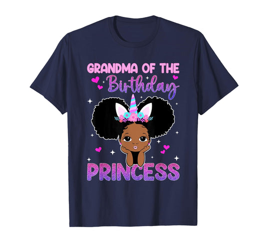 Grandma Of The Birthday Princess Melanin Black Girl Unicorn T-Shirt