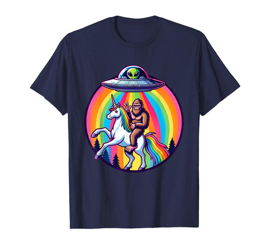 Bigfoot riding a Unicorn beamed up by a UFO, Alien, Cryptid T-Shirt