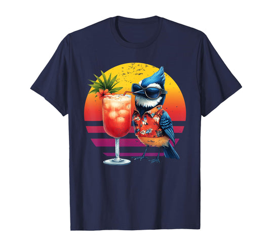 Blue Jay Drinking Hawaiian Birding Retro Summer Bird Lovers T-Shirt