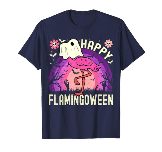 Happy Flamingoween Funny Flamingo Ghost Retro Halloween T-Shirt