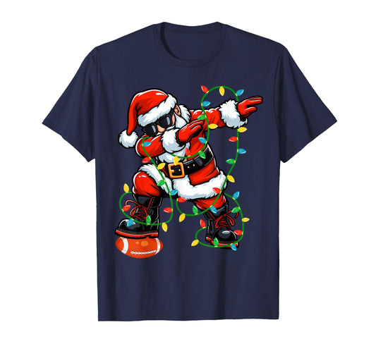 Dabbing Santa Football Christmas Lights Xmas Football Player T-Shirt