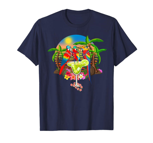 Parrots Drinking Margarita On Summer Vacation Birds Fun Men Women T-Shirt