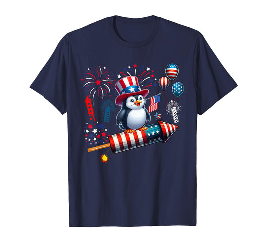 Penguin Riding Firecracker 4th Of July Bird Proud Flag T-Shirt