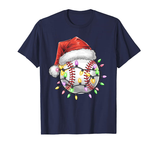 Baseball Christmas Lights Men Boys Youth Santa Sports T-Shirt