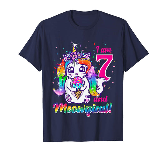 Kids I am 7 and meowgical caticorn kittycorn birthday theme party T-Shirt