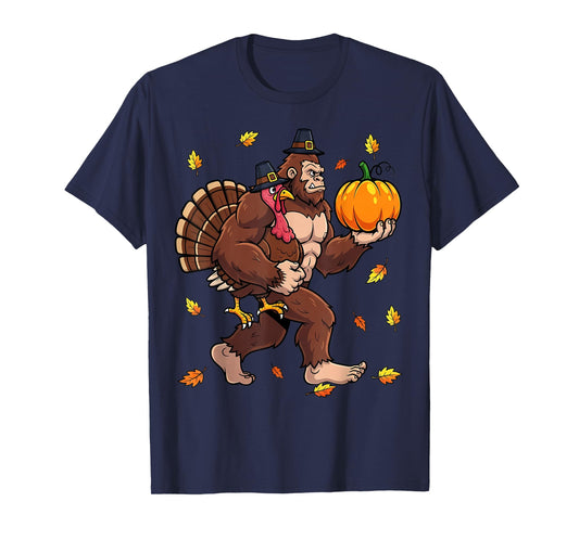 Funny Bigfoot Turkey Pumpkin Thanksgiving Day Boys Men T-Shirt