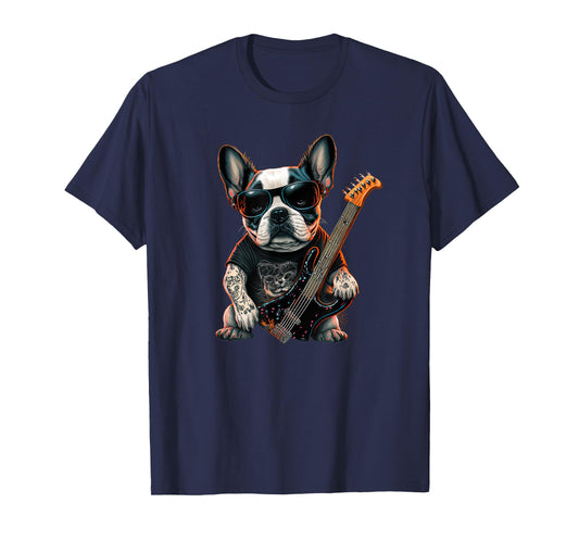 Funny French Bulldog Frenchie Rock and Roll Music Rocker T-Shirt