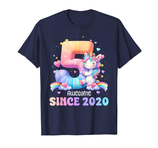 Awesome Since 2020 Unicorn Theme 5 Year Old 5th Birthday T-Shirt