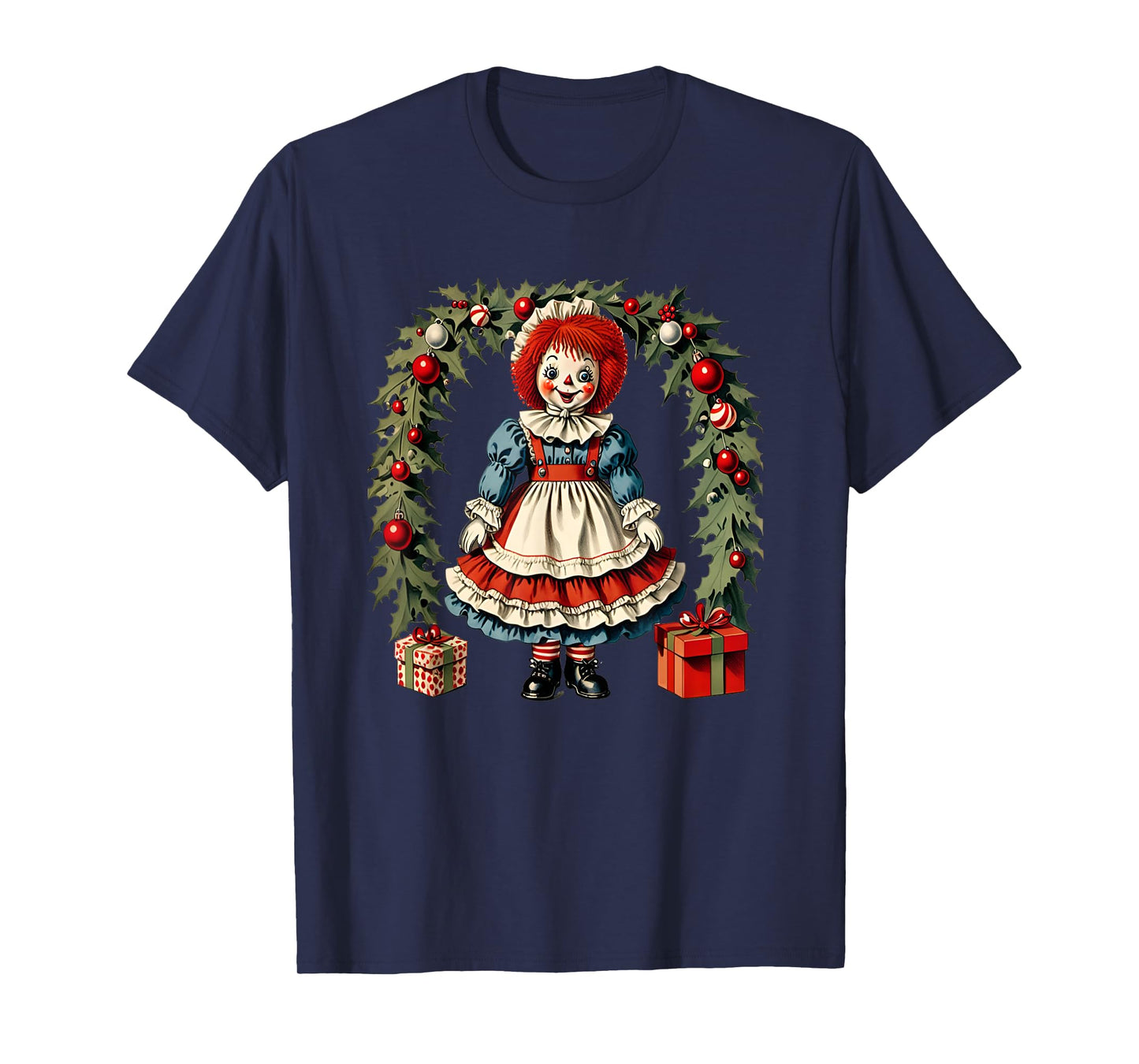 X-mas Children's Cloth Rag Doll Story Raggedy Ann Christmas Wreath and Presents T-Shirt