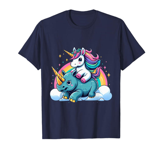Unicorn Riding Rhino Boys Girls Men Women Kids Rainbow T-Shirt