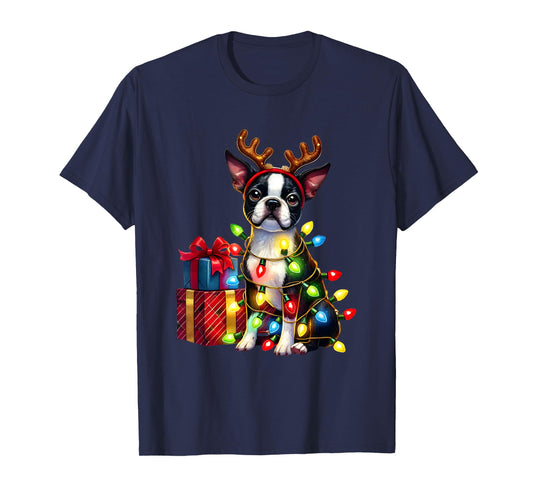 Pet Animal Boston Terrier Dog Reindeer Antlers Christmas T-Shirt for Men Women Kids
