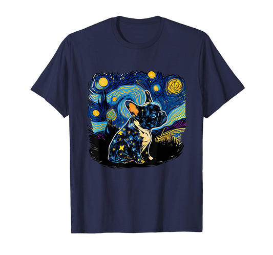 Black Frenchie French Bulldog Starry Night Van Gogh Colorful T-Shirt