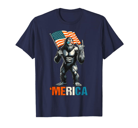Bigfoot Merica Rock American Flag Patriotic USA 4th Of July T-Shirt