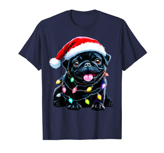 Funny Pug Santa Dog Lover Xmas Christmas Lights Men Women Kids T-Shirt
