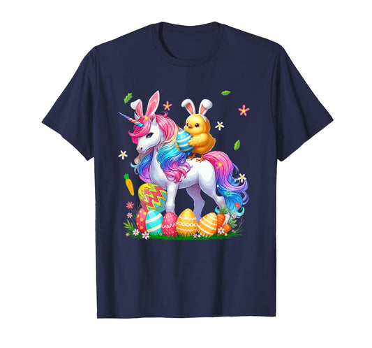 Bunny Chick Ridding Unicorn Easter Hunting Colourful Eggs T-Shirt