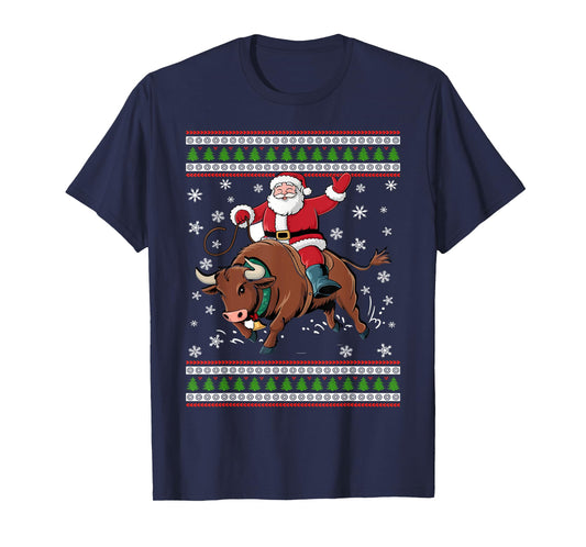Christmas Santa Riding A Bull Funny Xmas Animal Lover T-Shirt