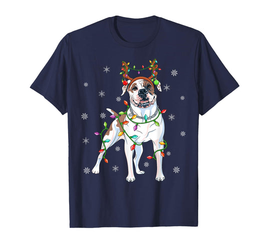 Xmas Lighting Reindeer Hat American Bulldog Christmas T-Shirt