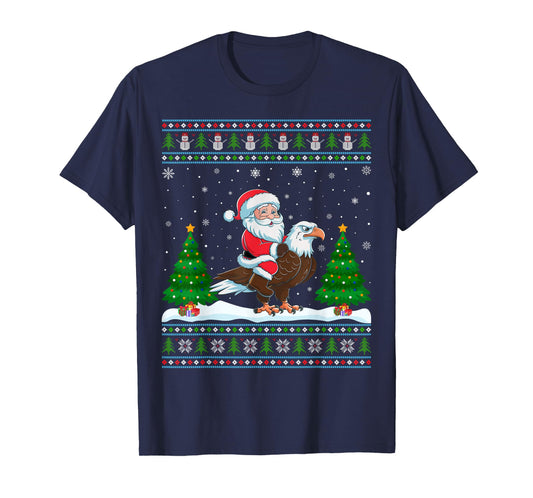 Ugly Xmas Lighting Tree Santa Riding Eagle Christmas T-Shirt