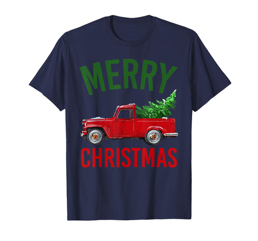 Red Vintage Wagon Tree Vacation Gift Red Truck Christmas T-Shirt