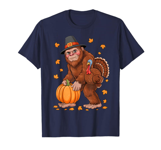 Bigfoot Pilgrim Turkey Pumpkin Thanksgiving Day Boys Men T-Shirt