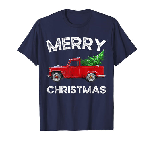 Red Vintage Wagon Tree Vacation Gift Red Truck Christmas T-Shirt