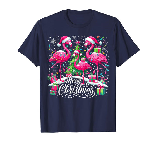 Merry Christmas Hat Santa Flamingo Christmas T-Shirt