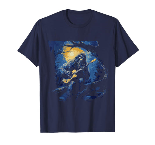 Bigfoot Playing a Guitar Starry Night Funny Sasquatch Rocker T-Shirt