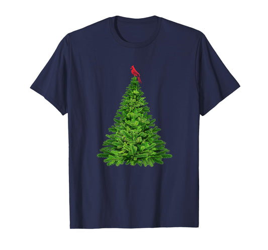 Cardinal Red Bird in Pine Tree Christmas T-Shirt