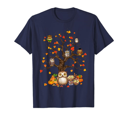 Owls Leaves Tree Fall Autumn Pumpkin Halloween Owl Lover Kid T-Shirt