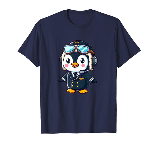 Penguin Cartoon Pilot Flying Airplane T-Shirt