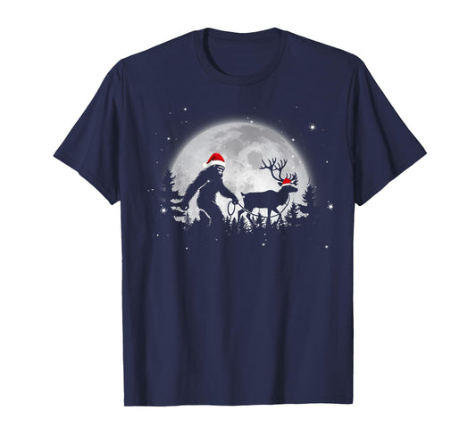 Funny Bigfoot Walking Reindeer Full Moon Christmas Sasquatch T-Shirt