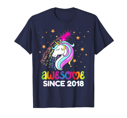 Fifth 6th Birthday Awesome Since 2018 Rainbows and Unicorn T-Shirt