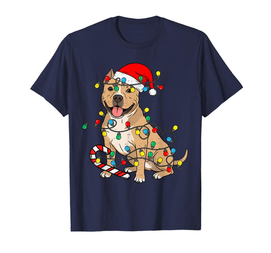 Pitbull Dog Christmas Lights Santa Xmas Pet Dog Lover T-Shirt