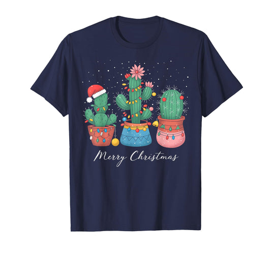 Merry Christmas Cactus Tree Lights Cactus Lover Funny Xmas T-Shirt