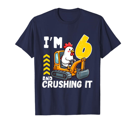 Kids Six 6yr 6th Birthday Construction Boy 6 Years Old Chicken T-Shirt