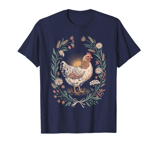 Retro Hen in Floral Frame Country Chicken Lover Artwork T-Shirt